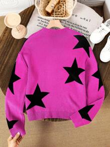 时尚潮流超大号灰色和黑色圆领长袖星星图案毛衣，适合少女 - 中紫紅色 - 查看 2