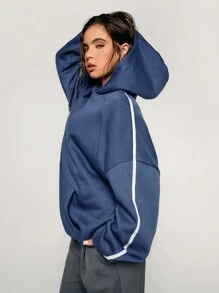 Athîral Women Casual Blue Minimalist Contrast Stripes Side Raglan Sleeve Kangaroo Pocket Hoodie, Spring And Autumn - Blue - View 3