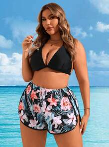 Swim Lushoire Pantalones cortos informales de playa con estampado de plantas tropicales para mujeres de talla grande para vacaciones - Multicolor - Ver 5