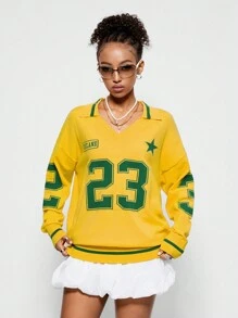 Muchica Women's Number Game Day Graphic Polo Jersey Sweater - Yellow - View 4