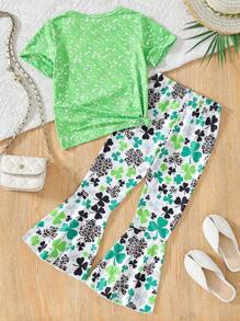 2 件套年轻女孩字母印花圆领短袖 T 恤和松紧腰休闲喇叭裤套装，春夏