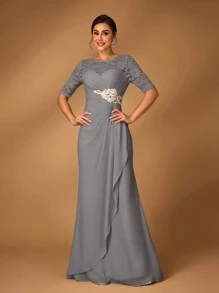 Serin Elegant And Graceful Mother Of The Bride Dress, Champagne Color Sequined Lace Patchwork Chiffon Fabric, Strapless, Round Neck, Middle Sleeve, Pleated Waist, Sequined Decoration, Ruffle Hem, Suitable For Weddings, Parties, Mother's Day Events - Dark Grey - View 7