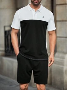 Manfinity Homme Men's Polo Shirt & Shorts Set, Simple Casual Style For Daily Wear - Black and White - View 3