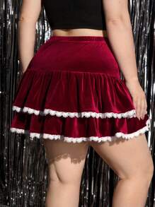 SHEIN MOD Plus Size Vintage Velvet Ruched Decorative Cute Cake Pleated Skirt, Valentine's Day Gift - Burgundy - View 2