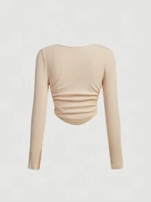 SHEIN MOD Chất rắn Scoop Cổ Đồ đan Ribbed Áo thun - Màu be - Xem 2