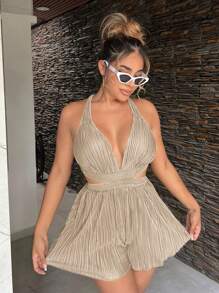 SHEIN SXY 女士纯色露背绑带连体裤，适合度假和休闲装，节日性感夏季海滩度假波西米亚风女装骄傲服装西装生日服装单身派对音乐会俱乐部 - 杏色 - 查看 5