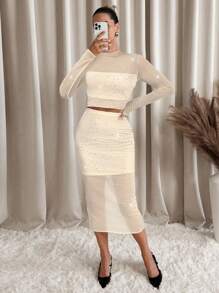 SHEIN Clasi Bộ 2 chiếc thời trang lưới đính đá Rhinestone màu đen dành cho nữ, đa năng khi đi chơi, mùa thu/đông - Màu be - Xem 12