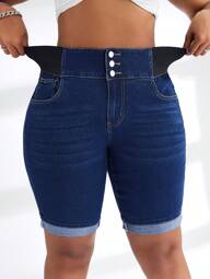 SHEIN SXY Plus Size Casual Elastic Waist Denim Shorts, Simple Fashion For Everyday Wear  Autumn Outfits For Women Festival Outfits Casual Biker Shorts