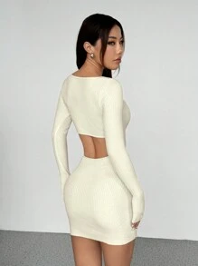 Flirla Women's Casual Solid Color Backless Bodycon Mini Sweater Dress - White - View 3
