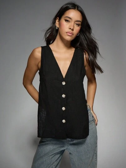 MISSGUIDED Top sin mangas de lino con botones delanteros, cuello en V, informal, para playa y vacaciones, de tela natural y transpirable, esencial para el verano