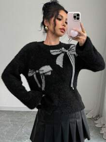 Elenzga Loose Fit Crew Neck Bow Pattern Knit Sweater, Casual Solid Color Pullover, Autumn/Winter Knit Pullover Fall