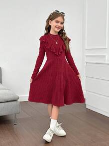 SHEIN Tween Girls Ribbed Knit Stand Collar Ruffle Hem Fitted Casual Long Sleeve Dress - Burgundy - View 7