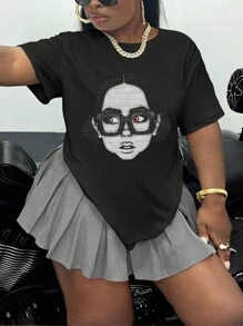 INAWLY Plus Size Funny Portrait Contrast Color Round Neck Women T-Shirt Graphic Tees Women Tops, For Summer - Black - View 3