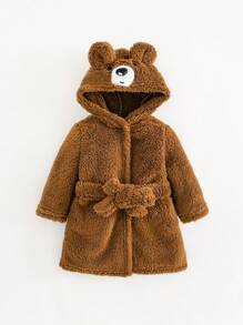 SHEIN 新生儿可爱熊刺绣连帽厚睡袍 - 棕色 - 查看 1