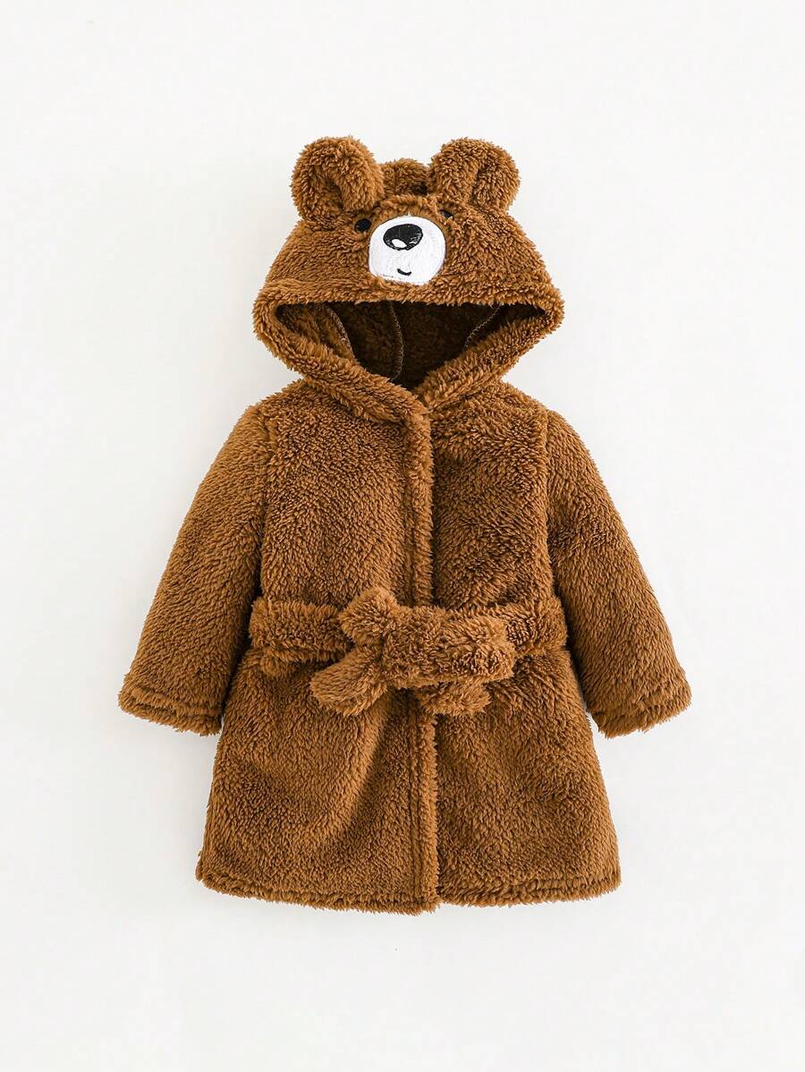 SHEIN 新生儿可爱熊刺绣连帽厚睡袍 - 棕色 - 查看 1