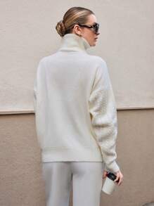 EURMUSE Women Solid Color Textured Knit Zipper Neck Pullover - White - View 3