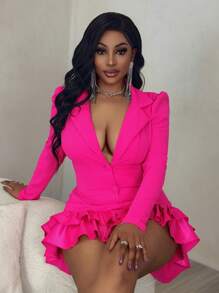 BamGleam 女士纯色立领灯笼袖荷叶边下摆性感时尚连衣裙 - 玫紅色 - 查看 4