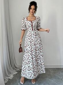 Modelyn Đầm dài đơn giản tay ngắn viền tương phản cho nữ, mặc thường ngày - trắng - Xem 4