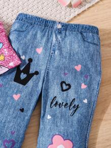 SHEIN Set de 2 piezas compuesto por top ajustado de punto con diseño lindo de niña y pantalones acampanados de punto