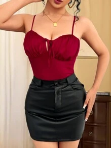 INAWLY Débardeur élégant à couleur unie avec plis de fronces et cordon de serrage