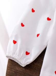 SHEIN Conjunto de vestir elegante y de alta calidad para vacaciones de otoño para niñas jóvenes con falda de malla roja casual, camisa con cuello y estampado de corazones con forro plisado de malla