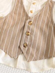 Cozy Pixies 2pcs/Set Baby Boy Lapel Collar Long Sleeve Cardigan Top And Elastic Waist Solid Color Pants Set - Khaki - View 3