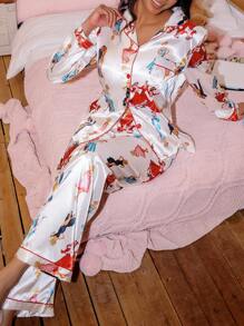 SweetSlumber Elegante conjunto de pijama de mujer con estampado de baile en satén