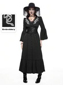 ROMWE Goth Vestido de mujer con cuello en V, con recorte de encaje en contraste, bordado de patrón de piel de serpiente y mangas acampanadas
