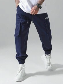 Manfinity EZcore Men's Letter Print Cargo Pockets Drawstring Waist Casual Pants - Navy Blue - View 4