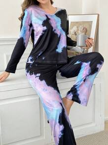 Tie-Dye Print Casual Women Long Sleeve And Long Pants Pajama Set