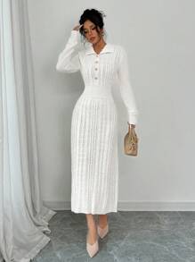 Chiquease Simple Solid Color Knitted Sweater Dress, Casual & Fashionable For Everyday Wear - White - View 3
