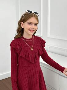 SHEIN Tween Girls Ribbed Knit Stand Collar Ruffle Hem Fitted Casual Long Sleeve Dress - Burgundy - View 3