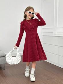SHEIN Tween Girls Ribbed Knit Stand Collar Ruffle Hem Fitted Casual Long Sleeve Dress - Burgundy - View 8