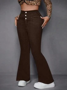 SHEIN Essnce 大码黑色牛仔紧身裤，休闲弹力紧身喇叭裤 - 棕色 - 查看 6