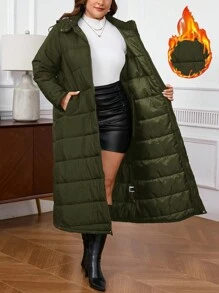 SHEIN Privé 大码长款宽松连帽外套，秋冬 - 軍綠色 - 查看 1