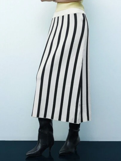 Maija 女款黑白条纹撞色针织松紧腰A字裙，时尚休闲百搭，舒适秋冬情人节休闲女款老款