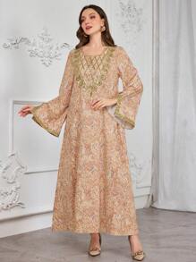 Al Najma 女士套头衫佩斯利花朵图案金色亮片领长袍和阿拉伯传统长袍 - 彩色 - 查看 4