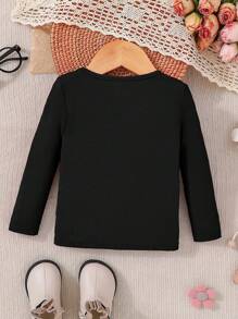 SHEIN 年轻女孩休闲时尚百搭黑色针织荷叶边长袖衬衫 - 黑色 - 查看 2