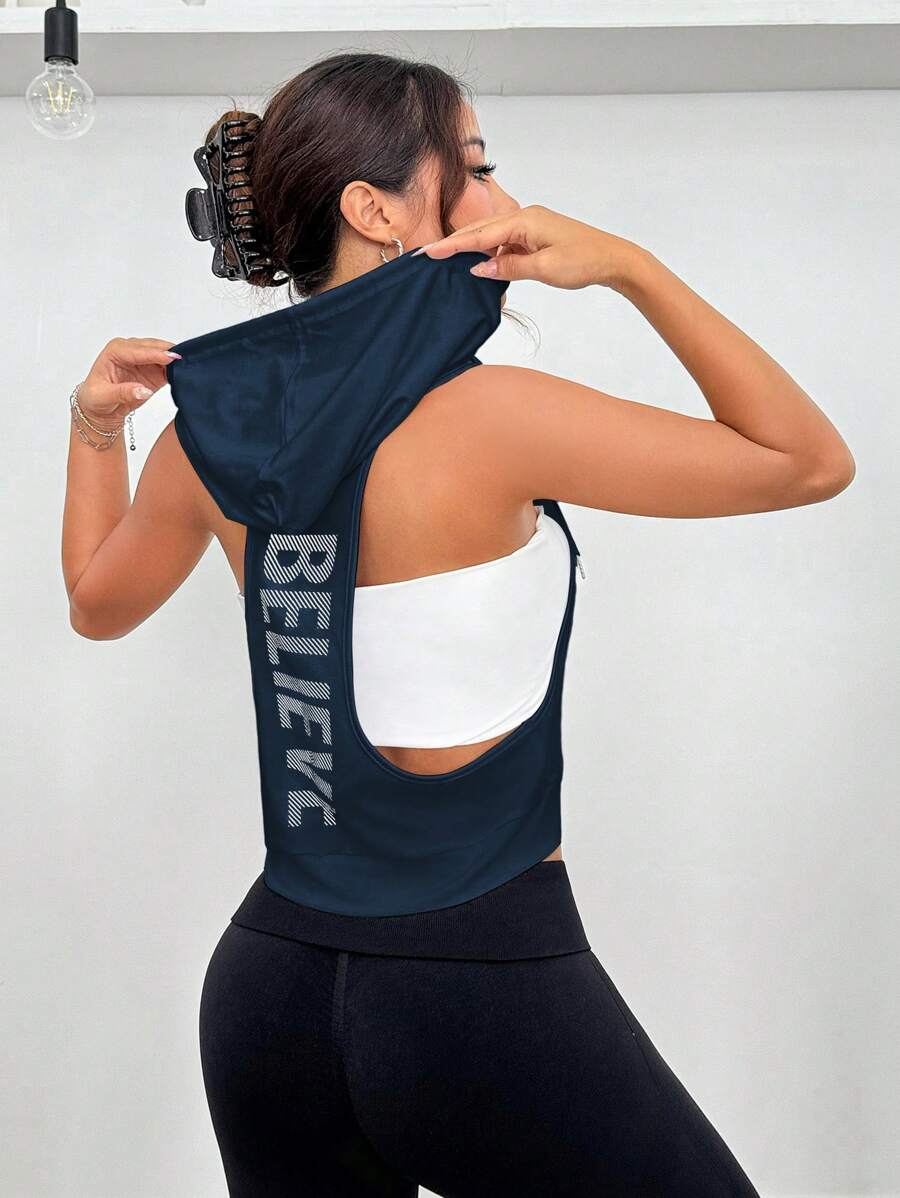 女式无袖连帽衫，背部印花设计，运动运动衫 - 藏蓝色 - 查看 1