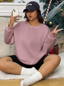 INAWLY Plus Size Solid Color Loose Fit Drop Shoulder Sweatshirt, For Winter Fall Cloth For Women Autumn - Dusty Pink - View 1