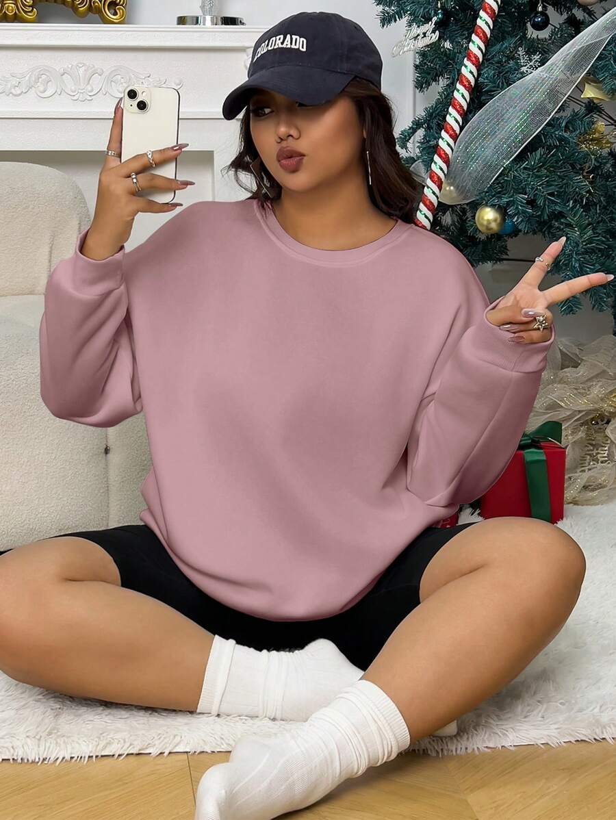 INAWLY Plus Size Solid Color Loose Fit Drop Shoulder Sweatshirt, For Winter Fall Cloth For Women Autumn - Dusty Pink - View 1