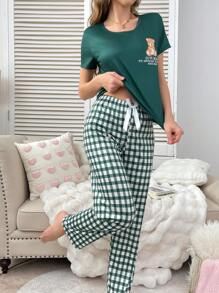 Plaid Bear Print Pajama Set, Casual And Fashionable For Daily Wear