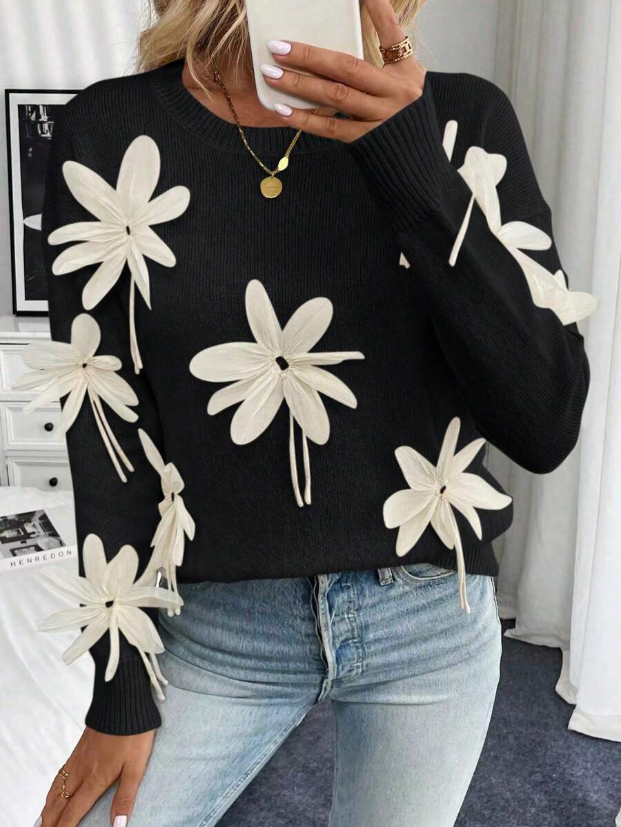 SHEIN Unity 女士3D手工花朵长袖套头毛衣,秋冬针织套头衫 - 黑色 - 查看 1