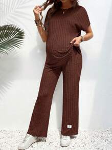 SHEIN 2pcs Maternity Solid Color Crew Neck Short Sleeve Ribbed T-Shirt And Pants Casual Set - Coffee Brown - View 6