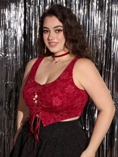 SHEIN MOD Plus size rött vävt jacquardlinne med knytdetaljer för sommaren