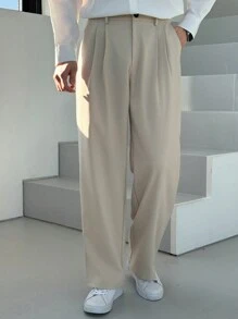 DAZY 男士褶皱口袋直筒纯色休闲西装裤，秋季服装 - 卡其色 - 查看 5