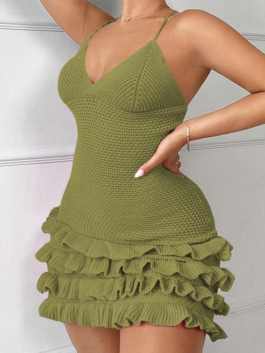 SHEIN SXY Summer Beach Vacation Flouncing Hem Backless Halter Loose Knit Dress - Olive Green - View 1