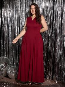 SHEIN MOD Plus Size Retro Elegant Ruched Midi Dress, Office/Casual Wear - Burgundy - View 5