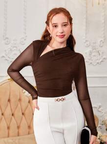 SHEIN Leap Crew Teen Girl Ruched Knit Mesh Long Sleeve T-Shirt - Brown - View 1