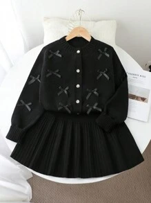 Conjunto de 2 piezas para niña preadolescente con jersey de punto con lazo elegante y falda de punto plisada, atuendo de invierno - Negro - Ver 7